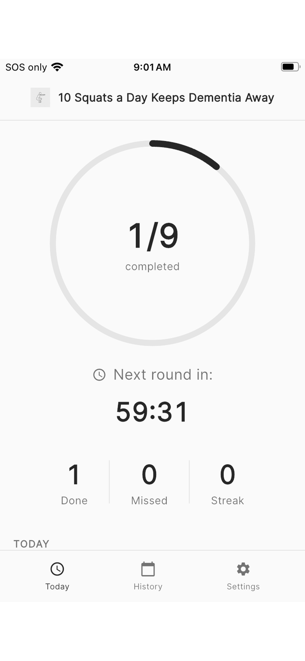 10 Squats a Day app on iPhone showing the daily schedule with reminder times and today's rounds.