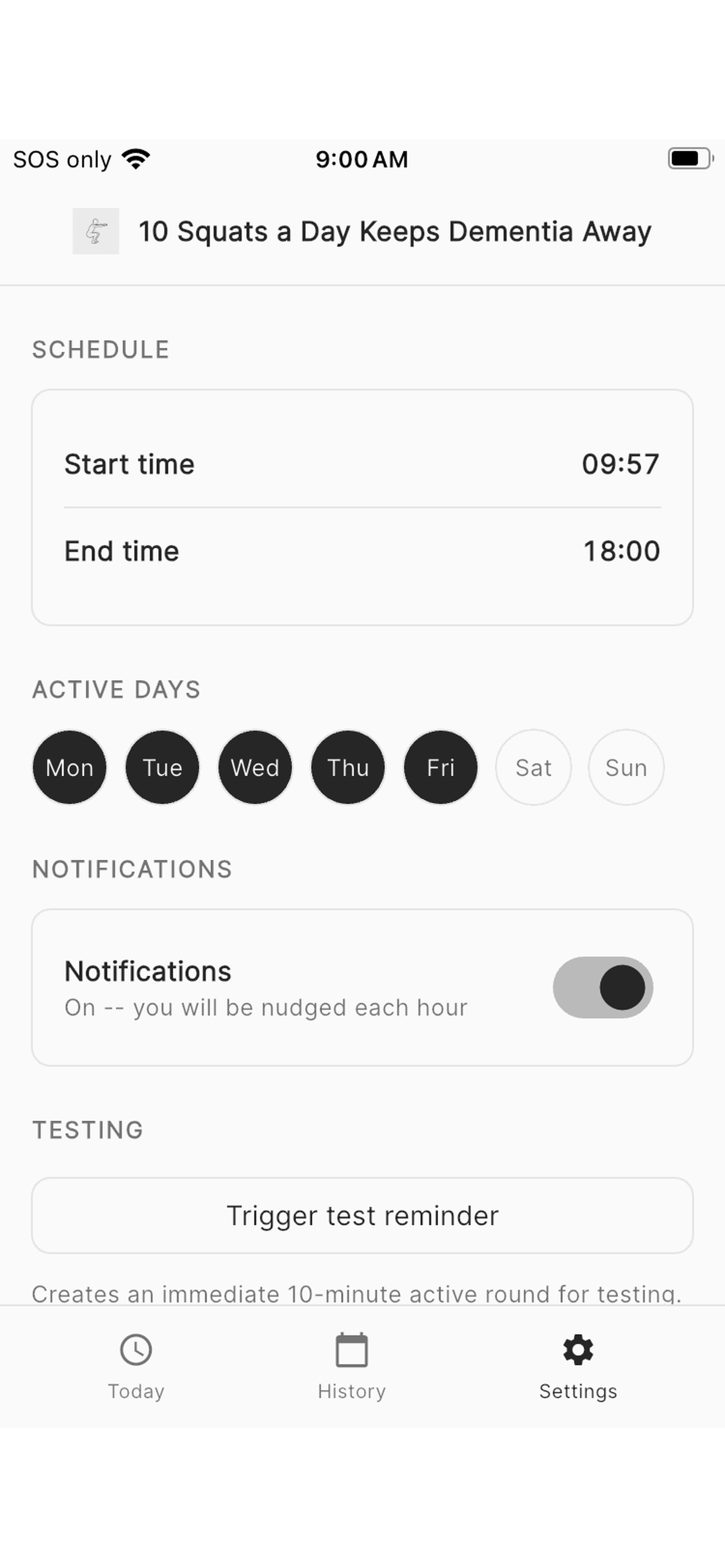 History screen showing streaks and weekly completion rate.
