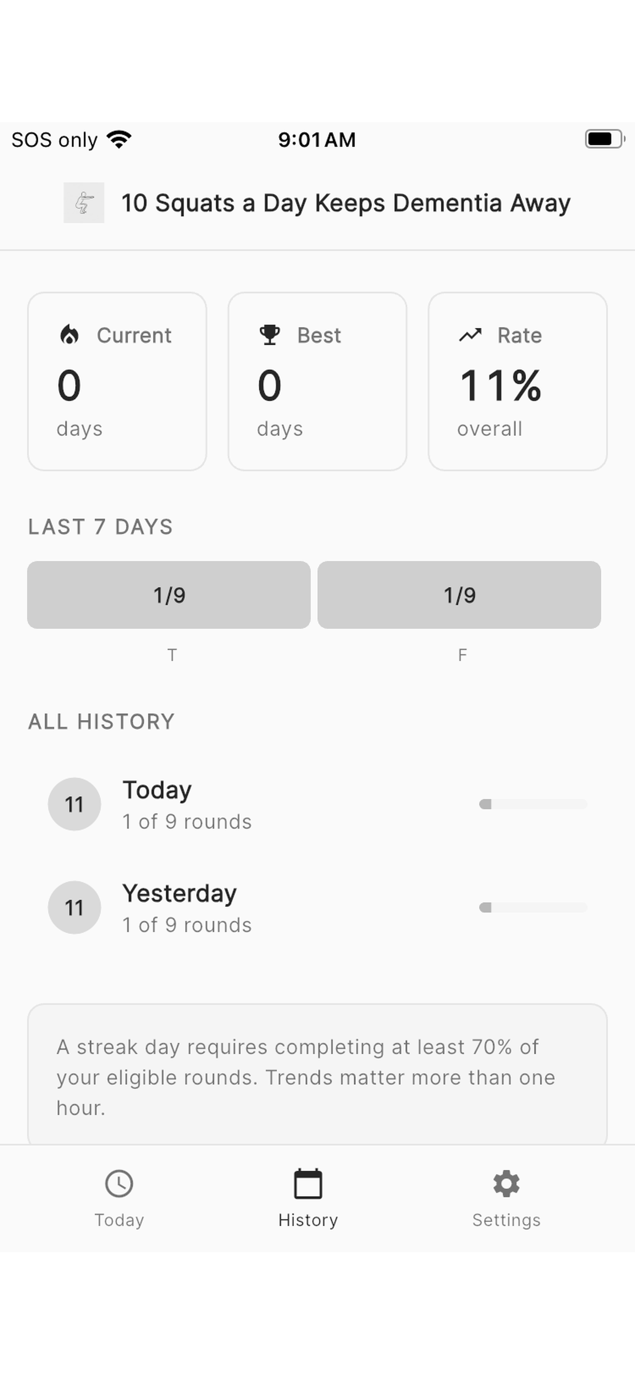 Today screen showing hourly rounds and Done window countdown.