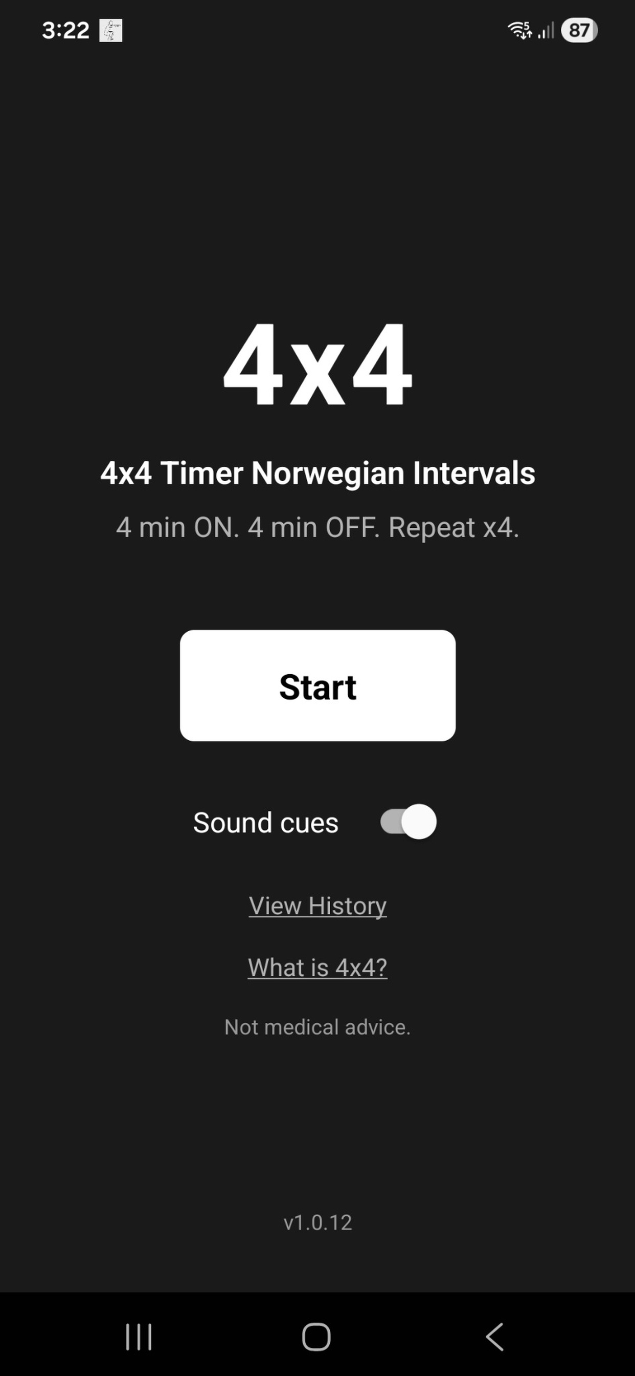 4x4 Timer start screen with Start button and sound toggle