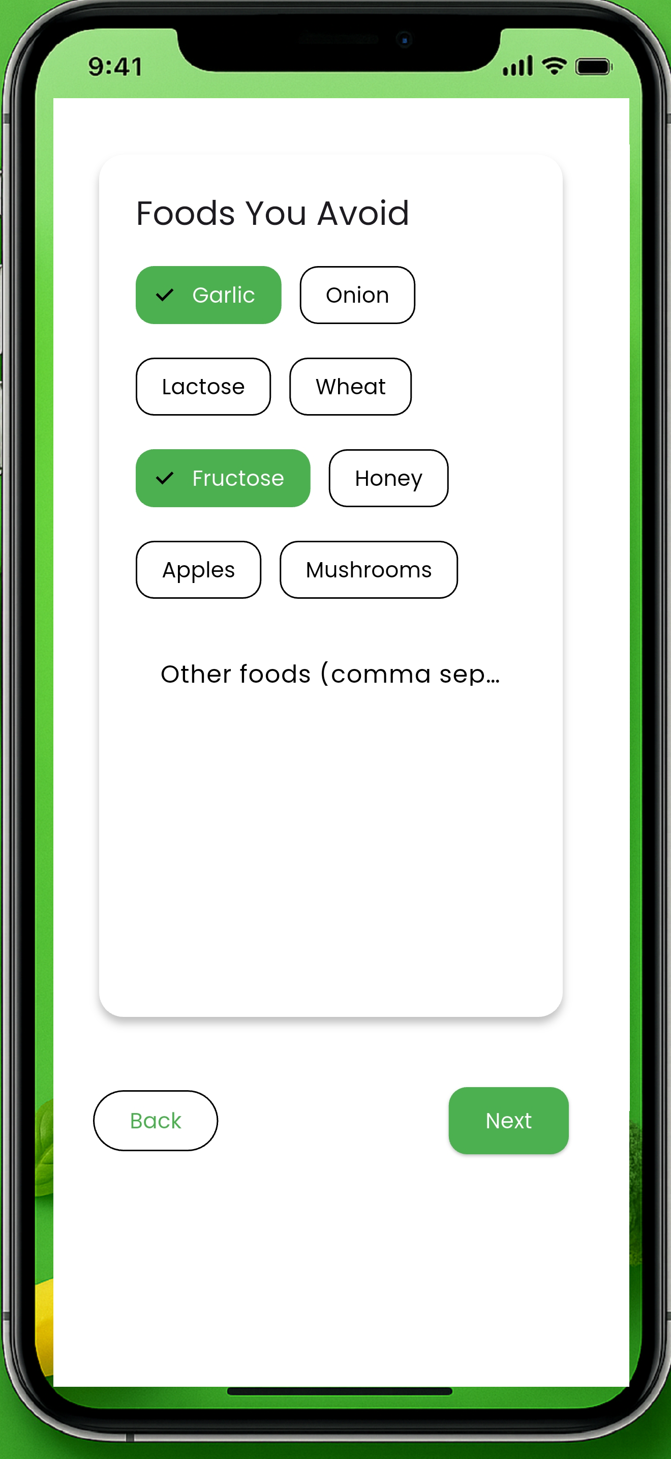AI Coach App FODMAP 1 Select food allergies FODMAP AI Coach App